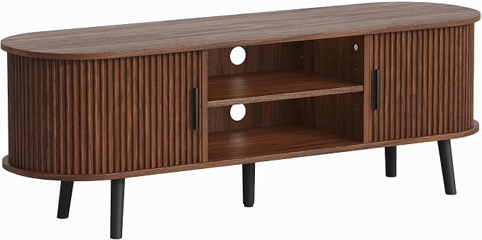 ChooChoo Mid Century Modern TV Stand for TVs up to 60 Inch, Entertainment Center with Fluted Sliding Doors and Hidden Storage, TV Console with Adjustable Shelf for Living Room, Bedroom, Walnut