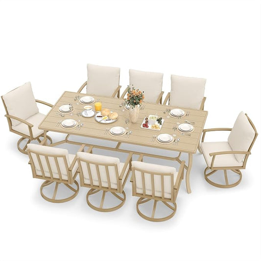 HAPPATIO Aluminum 9 Piece Patio Dining Set, Outdoor Swivel Dining Chairs and Dining Table, Aluminum Outdoor Dining Set for 8, Patio Dining Furniture with Washable Cushions (Beige)