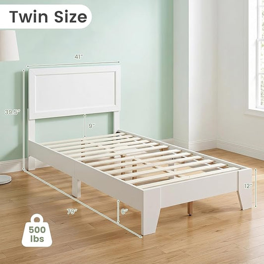 KOMFOTT Twin Size Bed Frame, Modern Platform Bed with Headboard, Wooden Slat Support Mattress Foundation, Under-Bed Storage Space, No Box Spring Needed (White,Twin)
