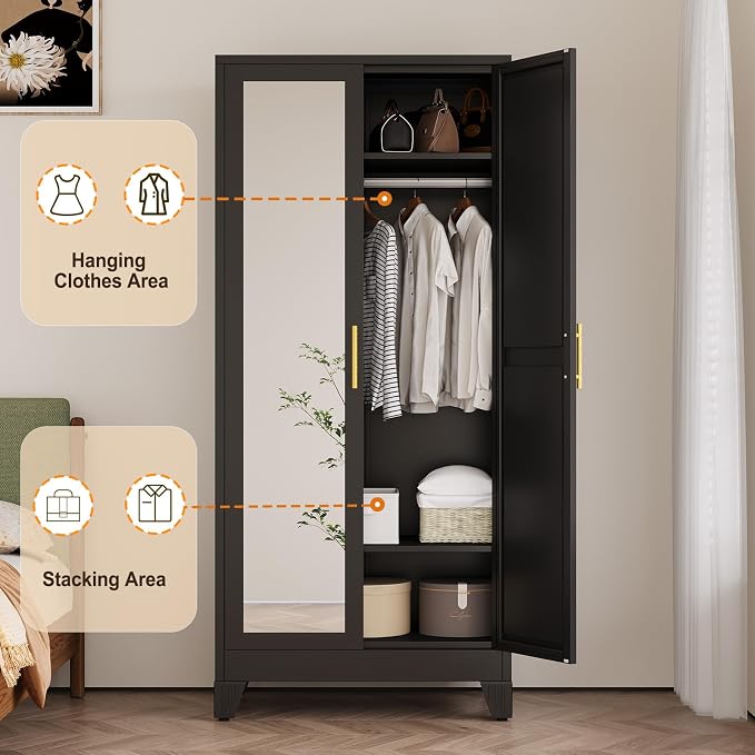Metal Wardrobe Storage Cabinet with Mirror and Hanging Rod,71'' Metal Clothing Cabinet with 2 Doors and 2 Adjustable Shelves for Bedroom, Laundry Room, Cloak Room (Black)