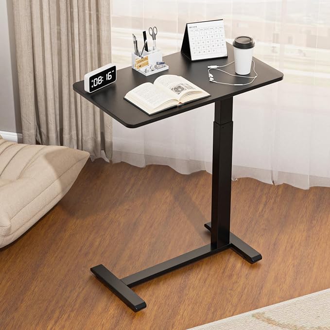 Ywin Medical Hospital Overbed Table with Wheels, Pneumatic Lift, Black | Rolling Bedside Table, Adjustable Height 27–43Inch, Mobile Portable Laptop Desk Perfect for Home Use, Patient Care, Office