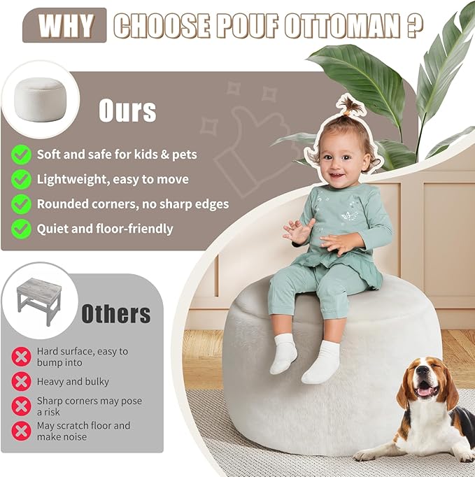 Gericco Round Stuffed Pouf Ottoman for Foot Rest, A Round Modern Foam Filled Poufs, Floor Chair for Living Room, Nursery, Dorm, A Soft Modern Foot Stool Perfect to Rest Your Feet (White, 20Inch)