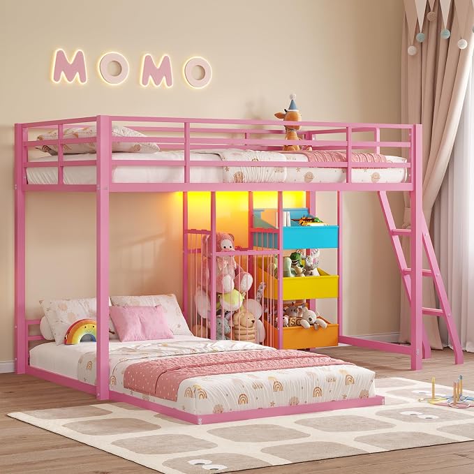 Hasuit Bunk Bed Twin Over Twin Size with Large Toy Storage Organizer and 3 Bins, Twin Bunk Beds with LED Lights, Metal L-Shaped Loft Bed with 13.4" H Safety Guardrail & Ladder, for Kids & Teens, Pink
