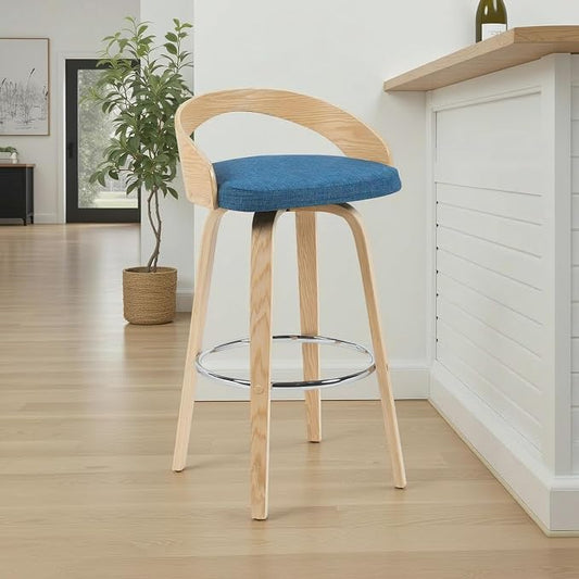 Sonia Modern Swivel Bar Height Stool with Blue Upholstered Seat and Patterned Oak Wood Finish Set of 2
