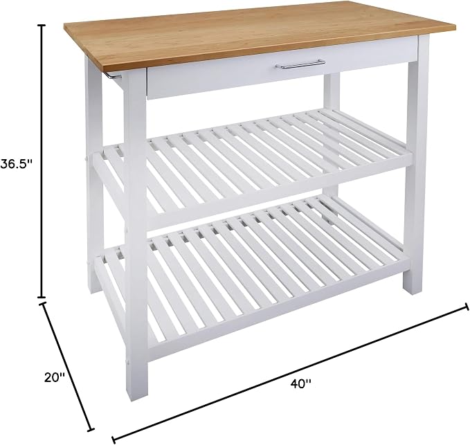 Kitchen Island with Solid Wood Top, White & Cherry Natural