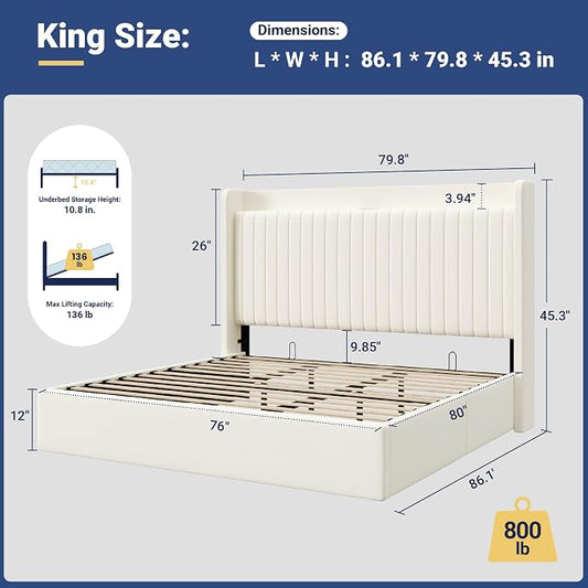 Allewie King Size Lift Up Storage Bed Frame,Storage Shelf Headboard with Charging Station,Type-C and USB Ports,Hydraulic Support,Velvet Upholstered Bed Frame,No Box Spring Needed,Cream