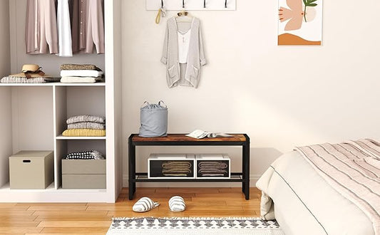 HOMEFORT Shoe Bench, Modern Industrial Shoe Storage Bench, Entryway Bench with Mesh Shelf and Sturdy Metal Frame, Metal Shoe Rack Bench for Hallway, Mudroom, Living Room, Rustic Brown