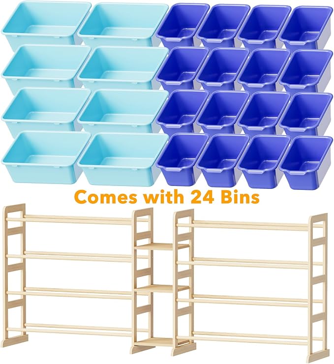 SpaceAid Large Toy Storage Organizer with 24 Bins and 3 Shelves, Toy Organizers Storage Bookshelf, Kids Bin Shelf Box Bookcase for Bedroom Playroom Organization Room Decor, Blue and Navy Blue