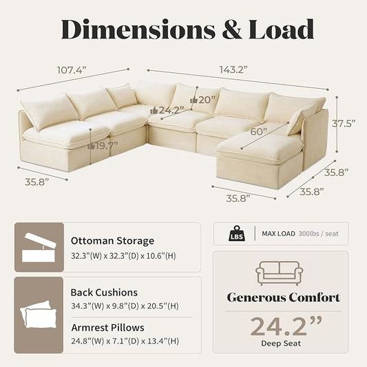 Cloud Modular Hosting Sectional, Oversized Deep Seat Comfort, Luxe Chenille | Fully Removable Washable Covers, Memory Foam Seat Cushions, Storage Ottoman, Premium Fabric