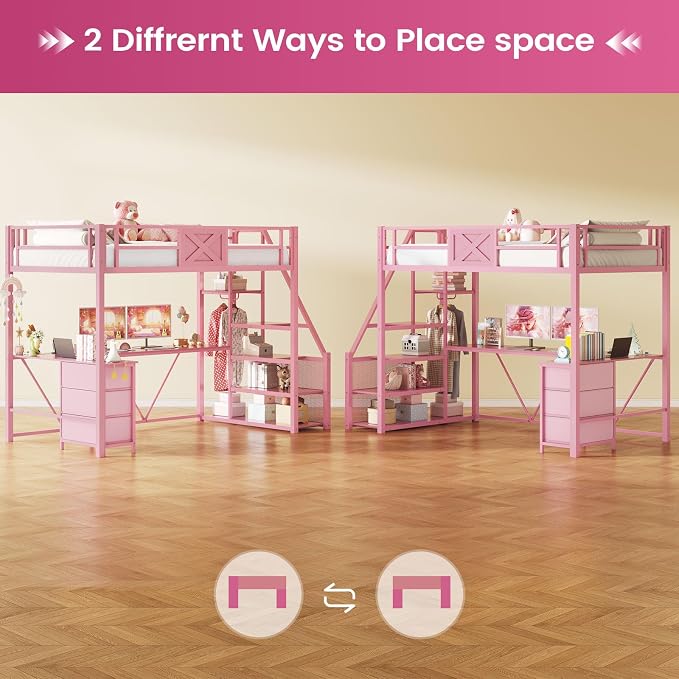 Itaar Stairway Twin Size Loft Bed with L Shaped Desk and Wardrobe, Metal Loft Bed Frame with Stairs, 3 Fabric Drawers, LED Lights & Charging Sation, No Noise & No Box Spring Needed, Pink