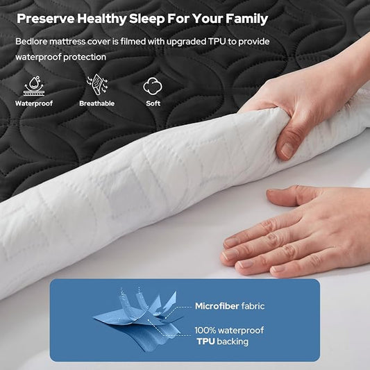 BEDLORE Waterproof Mattress Protector, RV Queen Size Mattress Pad Noiseless with Deep Pocket 6"-18" Depth, Soft Breathable Dirt-Proof Bed Mattress Cover Washable (Black)