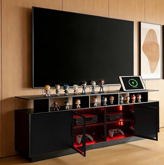 70-Inch Black TV Cabinet,Equipped with A USB Charging Strip,6 Large Storage Spaces,2 Glass Doors with Built-in Ambient Lighting,Serving as A Media and Entertainment Cabinet