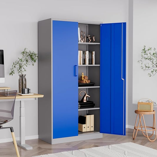 Metal Storage Cabinet with Lock, 71" Black Garage Cabinets with 2 Doors and 4 Adjustable Shelves, Steel Locking Caninet Tall Tool Storage Cabnet, Lockable File Caninets for Home Office, Pantry