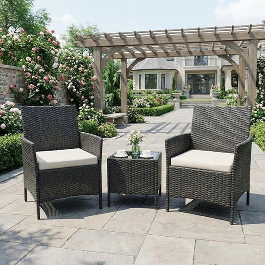 3PCS Outdoor Patio Bistro Set, PE Wicker Armchairs with Coffee Table, Beige