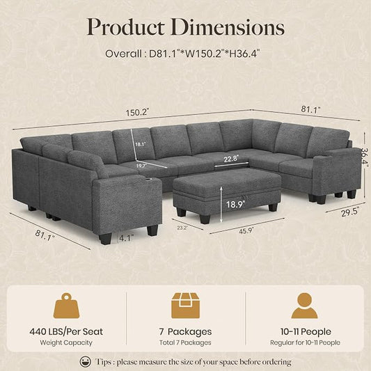 Belffin Oversized U Shaped Modular Sectional Couches for Living Room 10 Seater Modular Sofa Set with Storage Ottoman Large Sectional Couch with Cup Holder. Light Grey Sofa