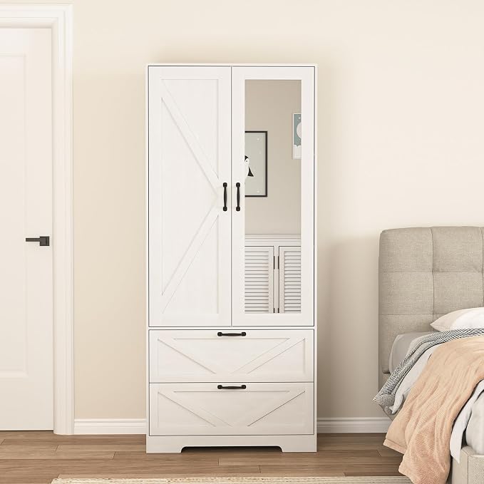 72" Wardrobe Closet with Mirror, Bedroom Armoire with Drawers, Hanging Rod and LED Light, Farmhouse Wooden Clothes Storage Cabinet for Bedroom, Guest Room, Apartment,White