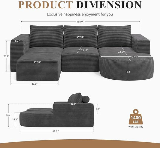 Boneless Couches for Living Room with Chaise,104" Modular Sectional Sofa with Convertible Ottoman,Cozy Cloud Couch with U-Shaped,Sponge Compression Sofas in a Box,No Assembly Required(Gray) 1pcs