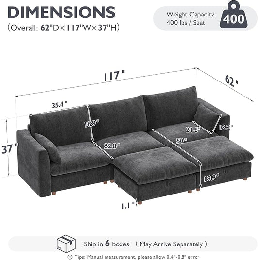 Ihanherry 117" Oversized Modular Sectional Sofa, Modern U Shaped Cloud Couch with 2 Storage Ottoman, 5-Seat Comfy Chenille Deep Seat Sofa with 2 Pillows for Living Room, Grey