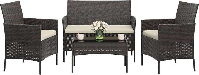 GAOMON 4-Piece Patio Furniture Set, Modern PE Rattan Conversation Set with 2 Chairs, Loveseat & Tempered Glass Coffee Table, All-Weather Outdoor Seating for Garden, Porch, Balcony, Poolside