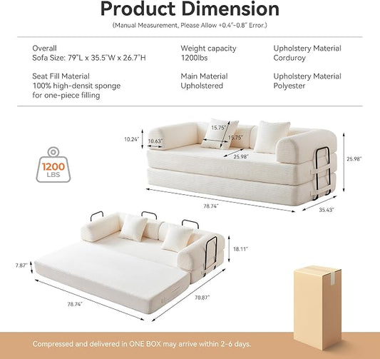 Convertible Folding Couch, 5-in-1 Futon Sofa with Armrests, Convertible Sleeper Sofa Bed Comfy Fold Out Bed for Living Room, Bedroom,Guest, Office, No Assembly Sofa for Small Spaces(Beige White)