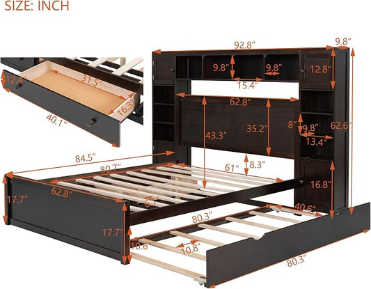 Merax Queen Size Wooden Bed with All-in-One Cabinet and Shelf, Espresso Platform Bed Frame with 2 Drawers, Trundle and Sockets