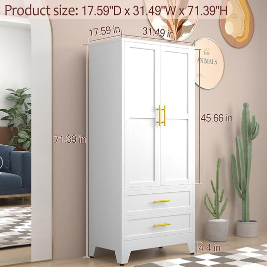 winiowa Metal Armoire Wardrobe Closet with 2 Drawers, 71" Wardrobe Cabinet with Adjustable Shelves and Hanging Rod, Clothing Storage Cabinet Closet for Bedroom-White