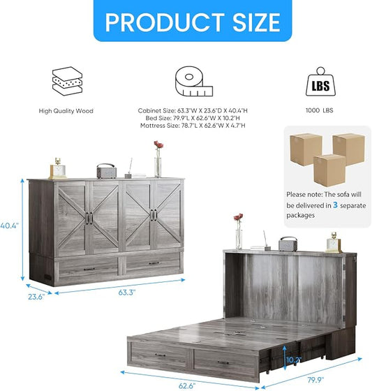 PUREMIND Queen Murphy Bed Cabinet, Bedroom Cabinet Beds with USB Charging Station, Murphy Chest Bed with Storage Drawers, Horizontal Wallbed for Guest Room Grey