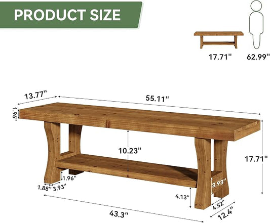 Solid Wood Entryway Bench, 55" End of Bed Bench, Long Indoor Dining Seat for Hallway, Bedroom, Living Room, Dining Room, Easy Assembly, Brown