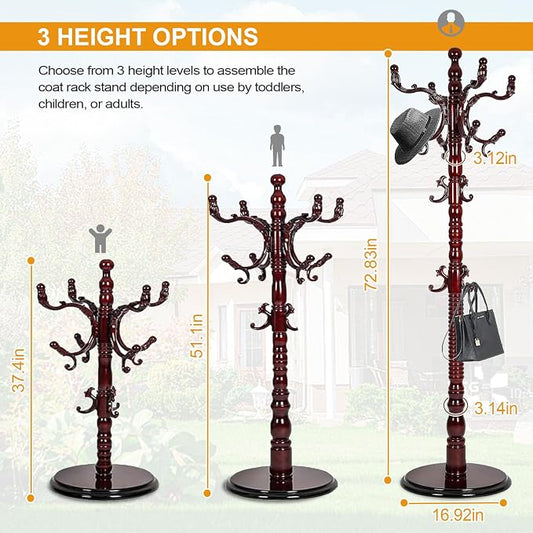 Wooden Coat Hanger Stand, Coat Rack Freestanding 18 Hooks, Mid Century Vintage Coat Tree for Entryway, Adjustable Height 73", Heavy Duty Coat stand for Home Bedroom, Office(Walnut)
