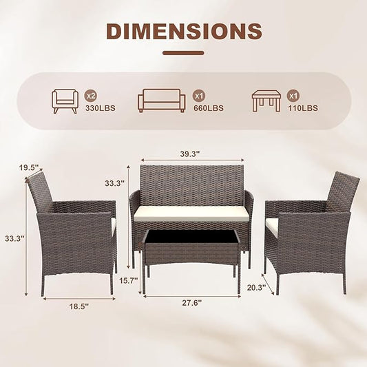 4-Piece Outdoor Furniture Set, PE Rattan Wicker Chairs with Soft Cushions & Tempered Glass Coffee Table - All-Weather Patio Set for Garden, Backyard, Porch, Poolside (Gradient Brown/Beige)