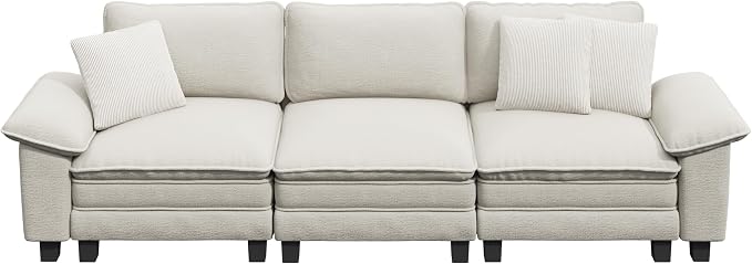 PHI VILLA Modern Modular Couches Sets, 123.6" Cloud Sectional Sofa with Upholstered Deep Seat, 3-Seater Couch for Living Room Small Spaces, Chenille Fabric, Beige