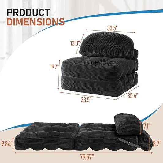 Folding Sofa Bed, Convertible Sleeper Chair with Back Support and Pillow Futon,Boneless Foldable Couch for Living Room/Guest Use/Home Office, Foldable Chair Bed for Adults, Black