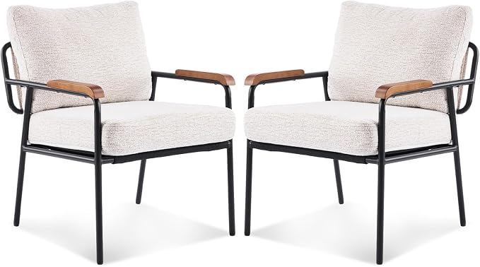 VINGLI Mid-Century Modern Accent Armchiars Set of 2 for Small Space, Small Comfy Upholstered Leisure Reading Chairs with Wood Armrests for Bedroom, Living Room, Waiting Room, Linen Beige