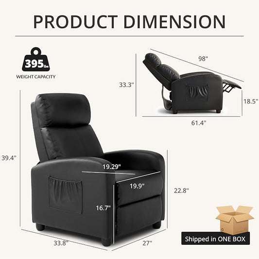 Leather Recliner Chair for Living Room, Modern Adjustable Home Theater Seating Single Sofa with Adjustable Backrest & Padded Armrests, Manual Push Back Armchair for Small Spaces,Black