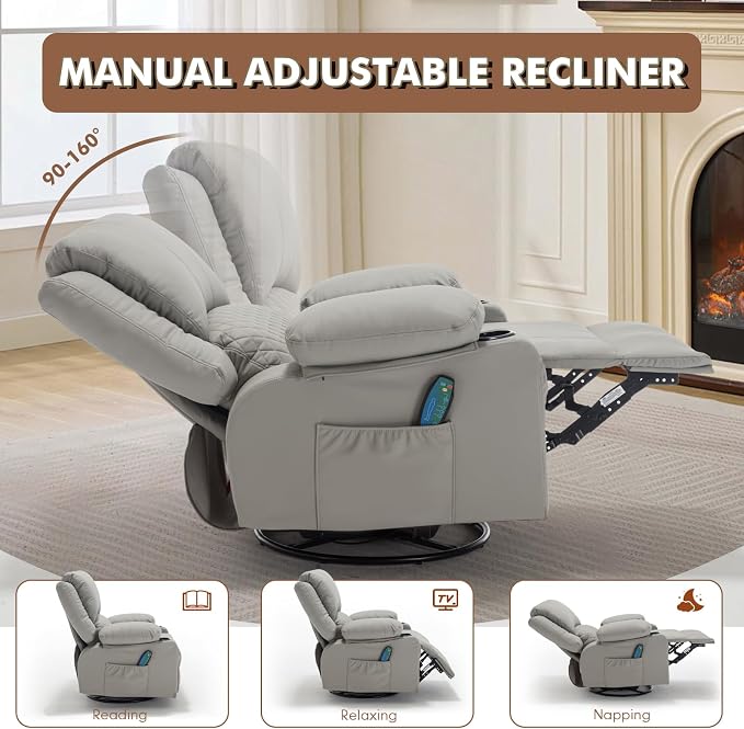 Faux Leather Recliner Chair with Heat and Massage Cup Holder, Overstuffed Swivel Rocker Recliner Chair Rocking Glider Chair Lounge Chair, Light Grey
