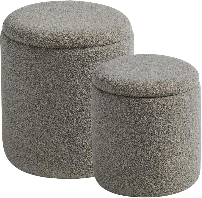 BLEXA Round Ottoman with Storage Set of 2 - Upholstered Sherpa Vanity Stool for Makeup Multifunctional Ottomans Coffee Table Padded Seat Foot Rest for Living Room & Bedroom (Sherpa Gray)