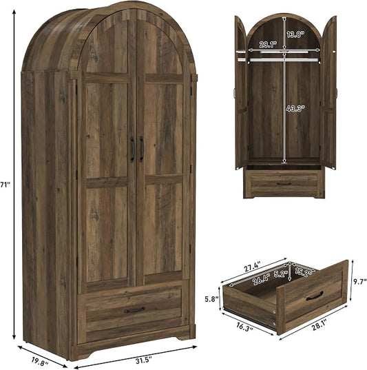 Squireewo 2 Doors Armoire Wardrobe Closet with Doors and Drawers, 71" Farmhouse Arched Wooden Wardrobe Cabinet with Mirror and Lights, Large Armoire Storage Cabinet with Shelves & Hanging Rod,Oak