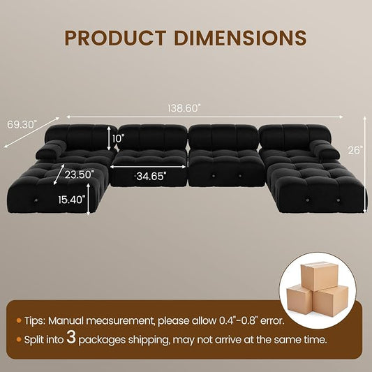 138" Convertible Modular Sectional Sofa, U-Shaped Velvet Sectional Couch with Chaise Ottomans, Minimalist Modern 6 Seat Sofas for Living Room Bedroom Office Apartment (Black)