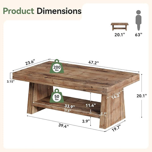 47" Solid Wood Coffee Table, 2-Tier Rectangular Farmhouse Center Table with Storage Shelf, Distressed Charred Wood Coffee Tables for Living Room, Rustic Vintage Carbonized
