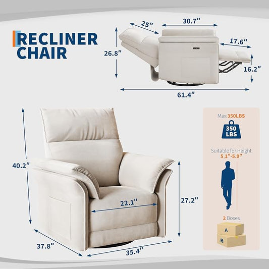 IDEALHOUSE Power Recliner Chair with Side Pockets, 270° Swivel & Glider, USB Charging Port, PU Leather, Thickened Dual-Layer Armrests, Modern Recliner for Living Room, Bedroom (White)