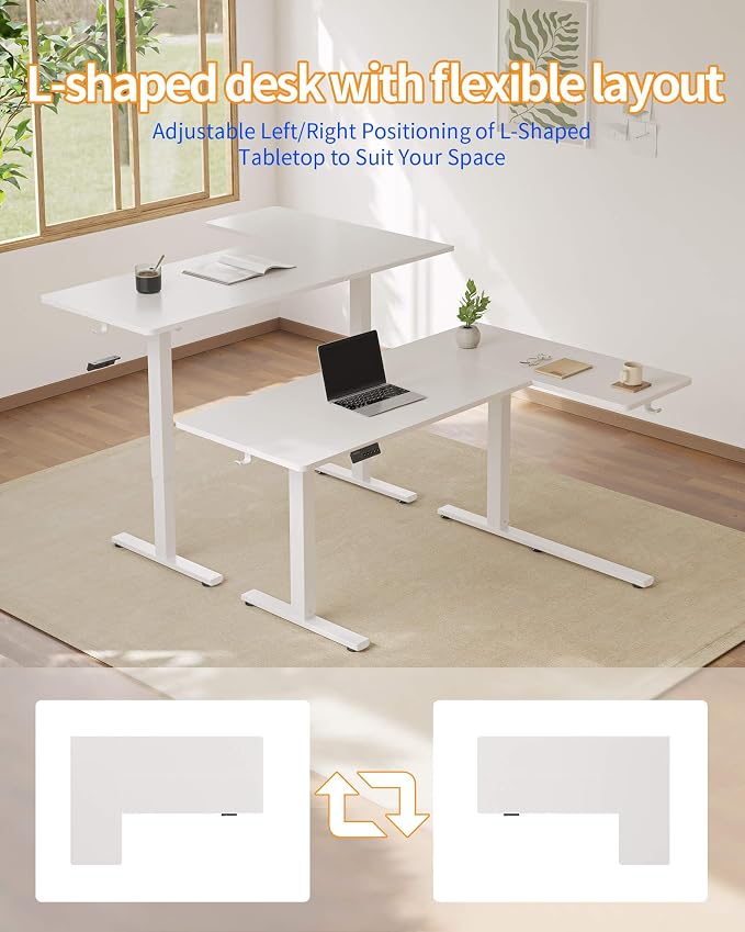 YIHAYO Reversiable L-Shaped Electric Standing Desk, 55 Inches Adjustable Height Corner Desk, Sit and Stand Up for Work Office Home, Computer Table with Splice Board, White