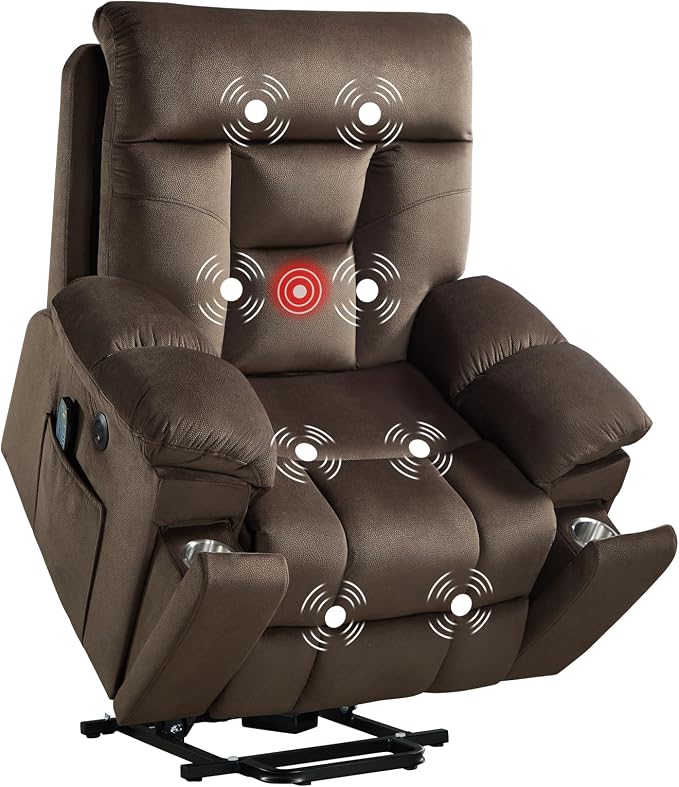 CANMOV Large Power Lift Recliner Chair with Massage and Heat for Elderly Big and Tall People, Overstuffed Wide Recliners with 2 Cup Holders, Side Pocket and USB Port, Dark Brown