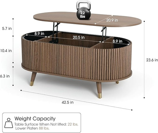 JOINICE 42.5" Oval Lift Top Coffee Table with Storage, Mid Century Modern Walnut Center Table with Fluted Design, Solid Wood Legs & Hidden Compartment, Pop Up Coffee Table for Living Room