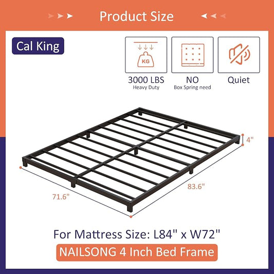 Nailsong 4 inch Cal King Bed Frame Low Profile, California King Bed Frames No Box Spring Needed, Heavy Duty Metal, Easy Assembly, Black