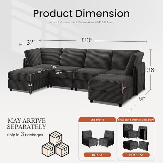 KKL Modular Sectional Sofa U-Shaped 6 Seater Couch with Storage Ottoman, Convertible L-Shaped Plush Wide-Wale Corduroy Couch for Living Room, Apartment, Modern Design, Black