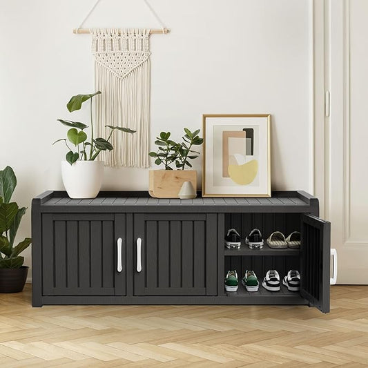 DRATO Outdoor Shoe Storage Cabinet, Waterproof Resin Shoe Storage Bench, Large Shoes Rack Cabinet with 3 Doors for Outdoor Indoor Entryway Hallway Corner Bedroom Porch (Black, 3 Doors)