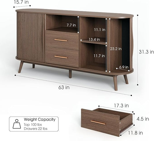 JOINICE Walnut Sideboard Buffet Cabinet with Storage for Dining Room,63" | Mid-Century Modern Storage Cabinet,2 Drawers&Fluted Sliding Doors,Solid Wood Legs,adjustable shelf,supports up to 100 lbs