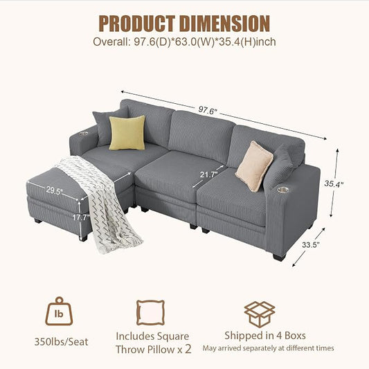 97" Modular Sectional Sofa with Storage, Corduroy 4-Seater L-Shaped Sofa with Ottoman Chaise, Cloud Sectional Couches for Living Room, Apartment