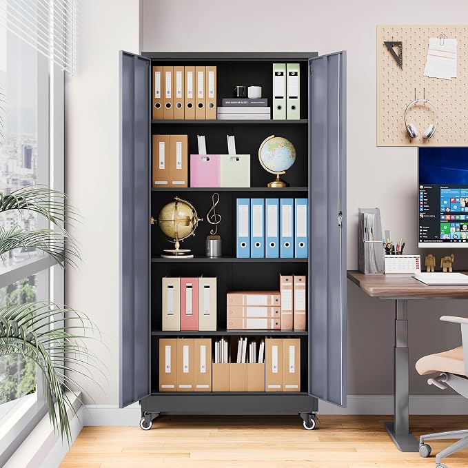 Metal Garage Cabinet with Wheels, Tall Storage Cabinet with 4 Adjustable Shelves and 2 Doors, Lockable Tool Cabinet for Garage Home Office,Gym,School (Black-Gray)