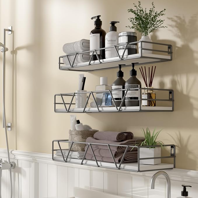 Amaoot Floating Shelves Set of 3, Home Wood Wall Shelf, Farmhouse Shelf for Bedroom, Wall Mounted Floating Shelf for Living Room, Bedroom, Bathroom, Kitchen, Office (Gray)